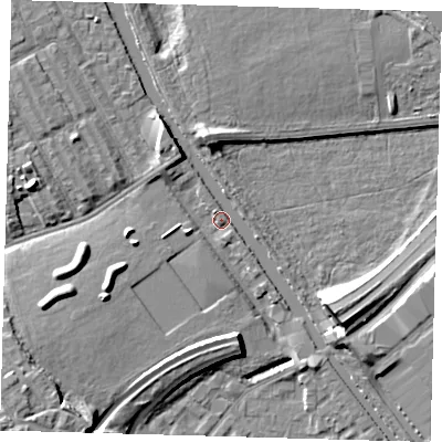 Shaded relief map of the ground around E95HX, computed from Environment Agency LiDAR. The ground here sits at about 7 m above sea level and falls 11 m across the surrounding 800 m. Surface water reaching this point runs off ground lying to the south-west, 8.5 m higher.