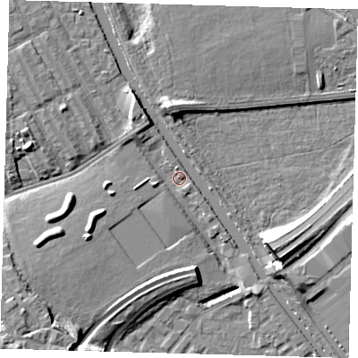 Shaded relief map of the ground around E95HY, computed from Environment Agency LiDAR. The ground here sits at about 6 m above sea level and falls 11 m across the surrounding 800 m. Surface water reaching this point runs off ground lying to the south-west, 8.5 m higher.