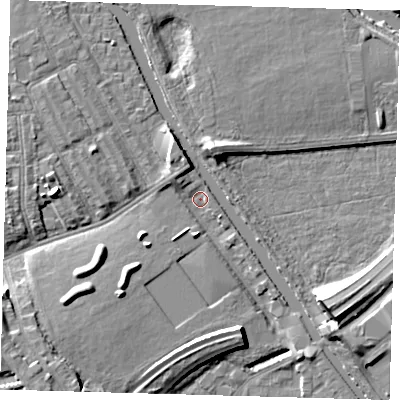 Shaded relief map of the ground around E95HZ, computed from Environment Agency LiDAR. The ground here sits at about 6 m above sea level and falls 10 m across the surrounding 800 m. Surface water reaching this point runs off ground lying to the south-west, 8.4 m higher.