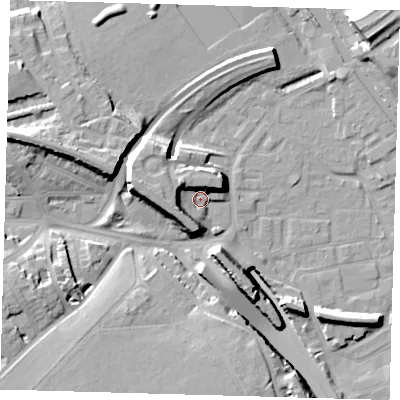 Shaded relief map of the ground around E95JA, computed from Environment Agency LiDAR. The ground here sits at about 8 m above sea level and falls 17 m across the surrounding 800 m. Surface water reaching this point runs off ground lying to the west-south-west, 8.7 m higher.