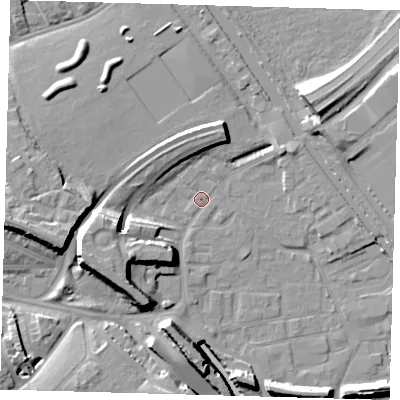 Shaded relief map of the ground around E95JE, computed from Environment Agency LiDAR. The ground here sits at about 5 m above sea level and falls 17 m across the surrounding 800 m. Surface water reaching this point runs off ground lying to the west-south-west, 11.1 m higher.