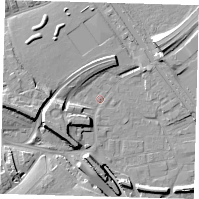 Shaded relief map of the ground around E95JF, computed from Environment Agency LiDAR. The ground here sits at about 5 m above sea level and falls 17 m across the surrounding 800 m. Surface water reaching this point runs off ground lying to the west-south-west, 10.1 m higher.