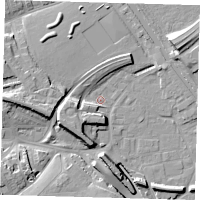 Shaded relief map of the ground around E95JG, computed from Environment Agency LiDAR. The ground here sits at about 5 m above sea level and falls 17 m across the surrounding 800 m. Surface water reaching this point runs off ground lying to the west-south-west, 10.1 m higher.