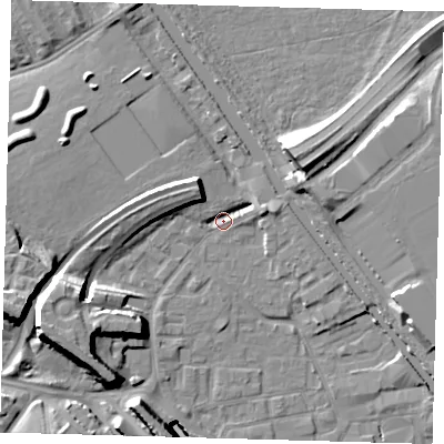 Shaded relief map of the ground around E95JH, computed from Environment Agency LiDAR. The ground here sits at about 5 m above sea level and falls 16 m across the surrounding 800 m. Surface water reaching this point runs off ground lying to the west-south-west, 11.1 m higher.