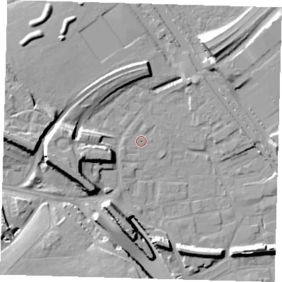 Shaded relief map of the ground around E95JJ, computed from Environment Agency LiDAR. The ground here sits at about 5 m above sea level and falls 17 m across the surrounding 800 m. Surface water reaching this point runs off ground lying to the west, 0.7 m higher.