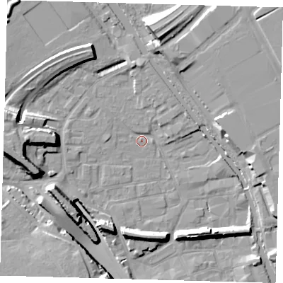 Shaded relief map of the ground around E95JL, computed from Environment Agency LiDAR. The ground here sits at about 5 m above sea level and falls 16 m across the surrounding 800 m. Surface water reaching this point runs off ground lying to the west, 10.9 m higher.