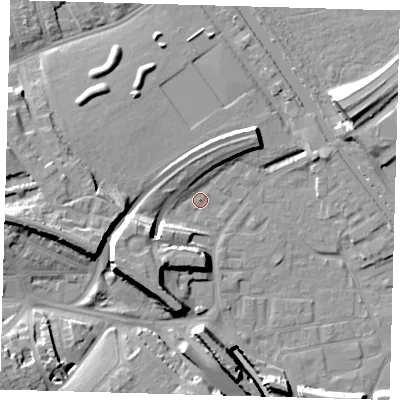 Shaded relief map of the ground around E95JN, computed from Environment Agency LiDAR. The ground here sits at about 5 m above sea level and falls 17 m across the surrounding 800 m. Surface water reaching this point runs off ground lying to the south-west, 10.1 m higher.