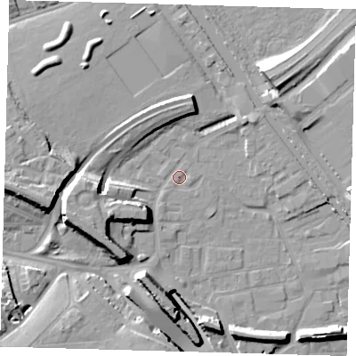 Shaded relief map of the ground around E95JP, computed from Environment Agency LiDAR. The ground here sits at about 6 m above sea level and falls 17 m across the surrounding 800 m. Surface water reaching this point runs off ground lying to the west-south-west, 10.1 m higher.