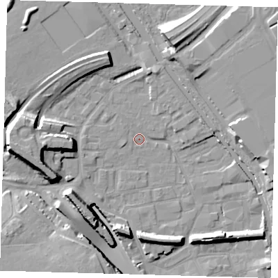 Shaded relief map of the ground around E95JR, computed from Environment Agency LiDAR. The ground here sits at about 5 m above sea level and falls 16 m across the surrounding 800 m. Surface water reaching this point runs off ground lying to the west, 11.1 m higher.