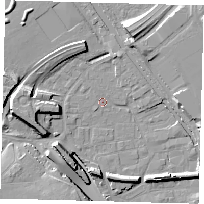 Shaded relief map of the ground around E95JS, computed from Environment Agency LiDAR. The ground here sits at about 5 m above sea level and falls 16 m across the surrounding 800 m. Surface water reaching this point runs off ground lying to the west, 11.1 m higher.