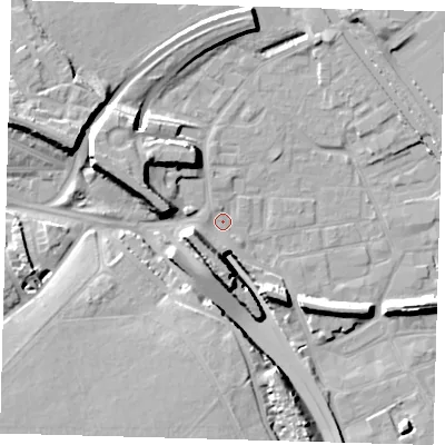 Shaded relief map of the ground around E95JW, computed from Environment Agency LiDAR. The ground here sits at about 6 m above sea level and falls 17 m across the surrounding 800 m. Surface water reaching this point runs off ground lying to the west-north-west, 11.1 m higher.