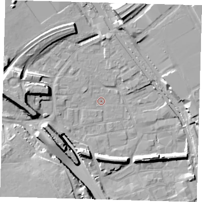 Shaded relief map of the ground around E95JX, computed from Environment Agency LiDAR. The ground here sits at about 5 m above sea level and falls 16 m across the surrounding 800 m. Surface water reaching this point runs off ground lying to the south-west, 15.3 m higher.