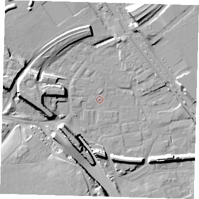 Shaded relief map of the ground around E95JY, computed from Environment Agency LiDAR. The ground here sits at about 5 m above sea level and falls 16 m across the surrounding 800 m. Surface water reaching this point runs off ground lying to the west, 10.6 m higher.