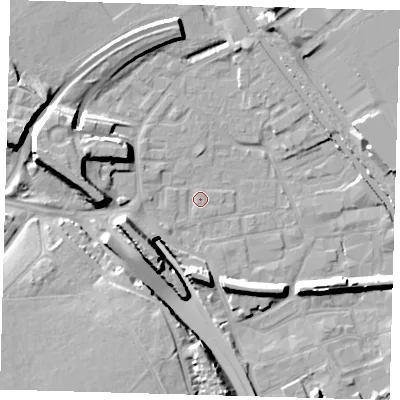 Shaded relief map of the ground around E95LA, computed from Environment Agency LiDAR. The ground here sits at about 5 m above sea level and falls 16 m across the surrounding 800 m. Surface water reaching this point runs off ground lying to the west-north-west, 10.6 m higher.
