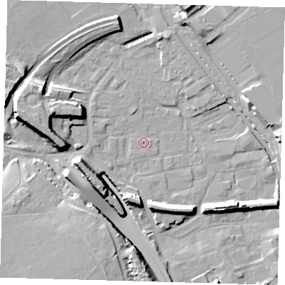Shaded relief map of the ground around E95LB, computed from Environment Agency LiDAR. The ground here sits at about 5 m above sea level and falls 16 m across the surrounding 800 m. Surface water reaching this point runs off ground lying to the south-east, 1.1 m higher.