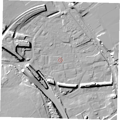 Shaded relief map of the ground around E95LE, computed from Environment Agency LiDAR. The ground here sits at about 5 m above sea level and falls 16 m across the surrounding 800 m. Surface water reaching this point runs off ground lying to the west-south-west, 1.1 m higher.