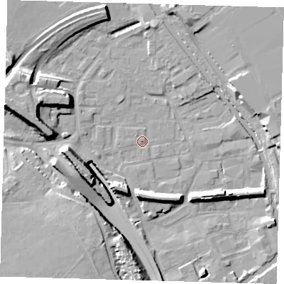 Shaded relief map of the ground around E95LF, computed from Environment Agency LiDAR. The ground here sits at about 5 m above sea level and falls 16 m across the surrounding 800 m. Surface water reaching this point runs off ground lying to the south-south-west, 8.3 m higher.