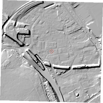 Shaded relief map of the ground around E95LG, computed from Environment Agency LiDAR. The ground here sits at about 5 m above sea level and falls 16 m across the surrounding 800 m. Surface water reaching this point runs off ground lying to the west-south-west, 15.3 m higher.