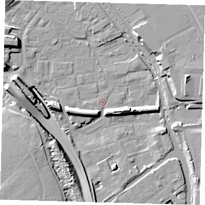 Shaded relief map of the ground around E95LH, computed from Environment Agency LiDAR. The ground here sits at about 5 m above sea level and falls 16 m across the surrounding 800 m. Surface water reaching this point runs off ground lying to the west, 15.3 m higher.