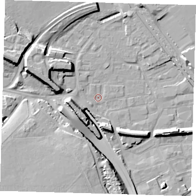 Shaded relief map of the ground around E95LJ, computed from Environment Agency LiDAR. The ground here sits at about 5 m above sea level and falls 17 m across the surrounding 800 m. Surface water reaching this point runs off ground lying to the west-north-west, 10.6 m higher.