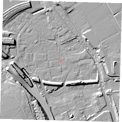 Shaded relief map of the ground around E95LL, computed from Environment Agency LiDAR. The ground here sits at about 5 m above sea level and falls 16 m across the surrounding 800 m. Surface water reaching this point runs off ground lying to the west-south-west, 15.3 m higher.