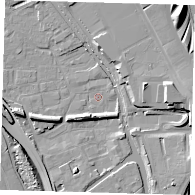 Shaded relief map of the ground around E95LN, computed from Environment Agency LiDAR. The ground here sits at about 5 m above sea level and falls 17 m across the surrounding 800 m. Surface water reaching this point runs off ground lying to the east-south-east, 11.8 m higher.