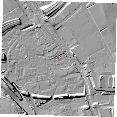 Shaded relief map of the ground around E95LP, computed from Environment Agency LiDAR. The ground here sits at about 5 m above sea level and falls 16 m across the surrounding 800 m. Surface water reaching this point runs off ground lying to the east-south-east, 10.5 m higher.