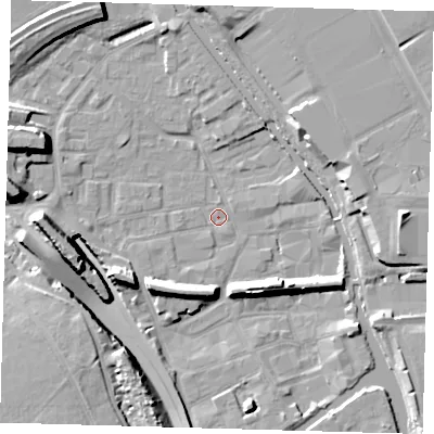 Shaded relief map of the ground around E95LQ, computed from Environment Agency LiDAR. The ground here sits at about 5 m above sea level and falls 16 m across the surrounding 800 m. Surface water reaching this point runs off ground lying to the west, 15.3 m higher.