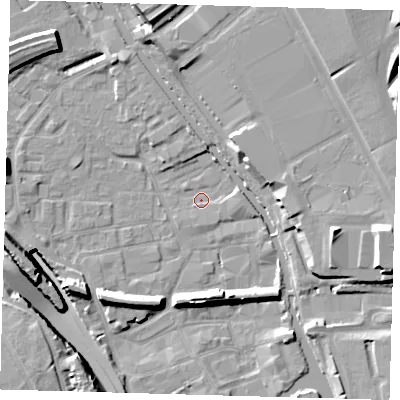 Shaded relief map of the ground around E95LR, computed from Environment Agency LiDAR. The ground here sits at about 5 m above sea level and falls 16 m across the surrounding 800 m. Surface water reaching this point runs off ground lying to the west-south-west, 9.9 m higher.