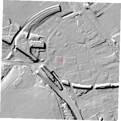 Shaded relief map of the ground around E95LS, computed from Environment Agency LiDAR. The ground here sits at about 5 m above sea level and falls 17 m across the surrounding 800 m. Surface water reaching this point runs off ground lying to the west-north-west, 10.6 m higher.