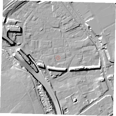 Shaded relief map of the ground around E95LT, computed from Environment Agency LiDAR. The ground here sits at about 5 m above sea level and falls 16 m across the surrounding 800 m. Surface water reaching this point runs off ground lying to the west, 15.3 m higher.