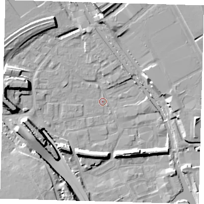 Shaded relief map of the ground around E95LU, computed from Environment Agency LiDAR. The ground here sits at about 5 m above sea level and falls 16 m across the surrounding 800 m. Surface water reaching this point runs off ground lying to the south-west, 8.2 m higher.