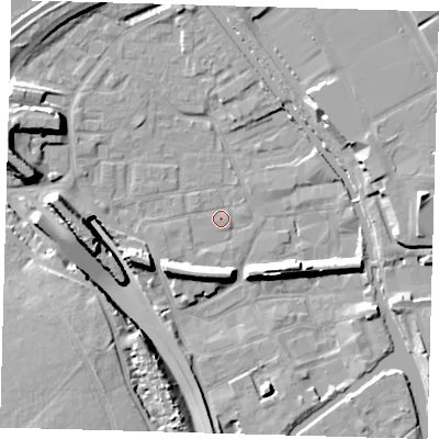 Shaded relief map of the ground around E95LX, computed from Environment Agency LiDAR. The ground here sits at about 5 m above sea level and falls 16 m across the surrounding 800 m. Surface water reaching this point runs off ground lying to the west, 15.3 m higher.