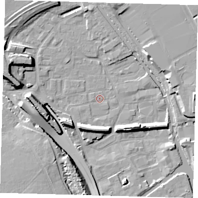 Shaded relief map of the ground around E95LZ, computed from Environment Agency LiDAR. The ground here sits at about 5 m above sea level and falls 16 m across the surrounding 800 m. Surface water reaching this point runs off ground lying to the west, 15.3 m higher.