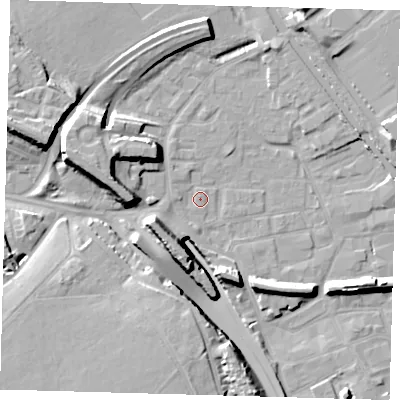 Shaded relief map of the ground around E95NA, computed from Environment Agency LiDAR. The ground here sits at about 6 m above sea level and falls 17 m across the surrounding 800 m. Surface water reaching this point runs off ground lying to the west, 1.0 m higher.