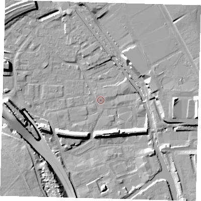 Shaded relief map of the ground around E95NB, computed from Environment Agency LiDAR. The ground here sits at about 5 m above sea level and falls 16 m across the surrounding 800 m. Surface water reaching this point runs off ground lying to the west, 15.3 m higher.