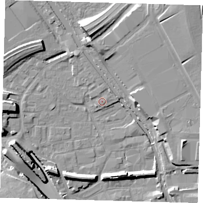 Shaded relief map of the ground around E95ND, computed from Environment Agency LiDAR. The ground here sits at about 6 m above sea level and falls 16 m across the surrounding 800 m. Surface water reaching this point runs off ground lying to the north-east, 1.5 m higher.