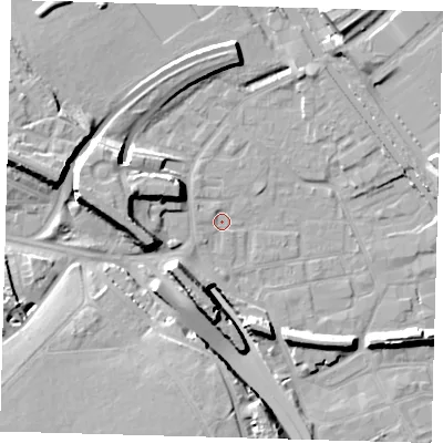 Shaded relief map of the ground around E95NE, computed from Environment Agency LiDAR. The ground here sits at about 5 m above sea level and falls 17 m across the surrounding 800 m. Surface water reaching this point runs off ground lying to the south-west, 1.1 m higher.