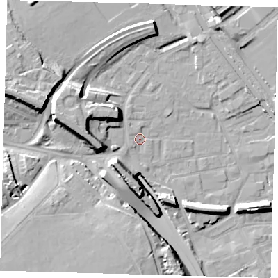 Shaded relief map of the ground around E95NG, computed from Environment Agency LiDAR. The ground here sits at about 6 m above sea level and falls 17 m across the surrounding 800 m. Surface water reaching this point runs off ground lying to the south-west, 1.0 m higher.