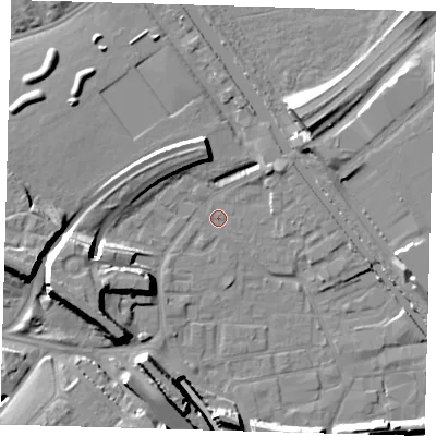 Shaded relief map of the ground around E95NH, computed from Environment Agency LiDAR. The ground here sits at about 5 m above sea level and falls 17 m across the surrounding 800 m. Surface water reaching this point runs off ground lying to the west-south-west, 11.1 m higher.