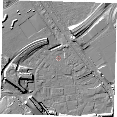 Shaded relief map of the ground around E95NJ, computed from Environment Agency LiDAR. The ground here sits at about 5 m above sea level and falls 16 m across the surrounding 800 m. Surface water reaching this point runs off ground lying to the north-north-east, 2.8 m higher.