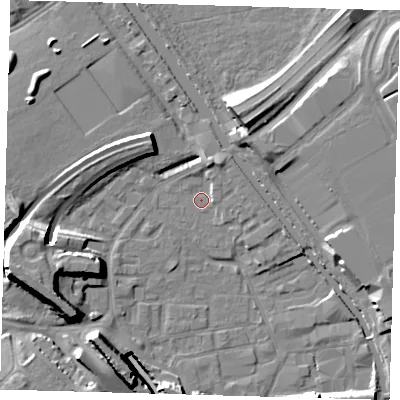 Shaded relief map of the ground around E95NL, computed from Environment Agency LiDAR. The ground here sits at about 5 m above sea level and falls 16 m across the surrounding 800 m. Surface water reaching this point runs off ground lying to the north-north-east, 2.7 m higher.