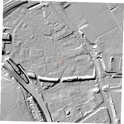 Shaded relief map of the ground around E95NN, computed from Environment Agency LiDAR. The ground here sits at about 5 m above sea level and falls 16 m across the surrounding 800 m. Surface water reaching this point runs off ground lying to the west, 15.3 m higher.