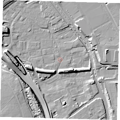 Shaded relief map of the ground around E95NP, computed from Environment Agency LiDAR. The ground here sits at about 5 m above sea level and falls 16 m across the surrounding 800 m. Surface water reaching this point runs off ground lying to the west, 15.3 m higher.