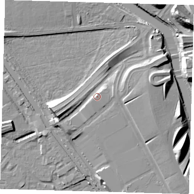 Shaded relief map of the ground around E95NS, computed from Environment Agency LiDAR. The ground here sits at about 10 m above sea level and falls 14 m across the surrounding 800 m. Surface water reaching this point runs off ground lying to the south-west, 3.2 m higher.