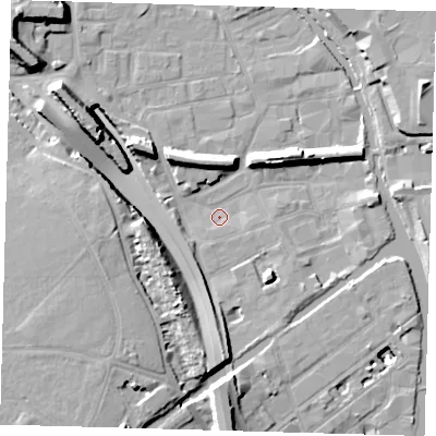 Shaded relief map of the ground around E95NW, computed from Environment Agency LiDAR. The ground here sits at about 5 m above sea level and falls 17 m across the surrounding 800 m. Surface water reaching this point runs off ground lying to the north-east, 7.3 m higher.