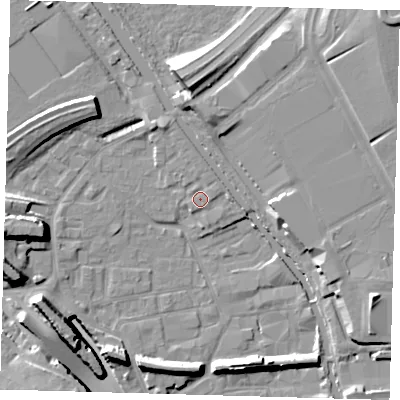 Shaded relief map of the ground around E95NX, computed from Environment Agency LiDAR. The ground here sits at about 6 m above sea level and falls 16 m across the surrounding 800 m. Surface water reaching this point runs off ground lying to the east, 1.3 m higher.