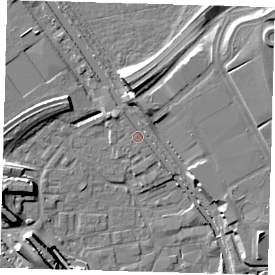 Shaded relief map of the ground around E95NY, computed from Environment Agency LiDAR. The ground here sits at about 7 m above sea level and falls 16 m across the surrounding 800 m. Surface water reaching this point runs off ground lying to the north-north-east, 4.1 m higher.