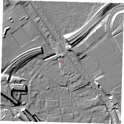Shaded relief map of the ground around E95NZ, computed from Environment Agency LiDAR. The ground here sits at about 6 m above sea level and falls 16 m across the surrounding 800 m. Surface water reaching this point runs off ground lying to the north-north-west, 2.7 m higher.