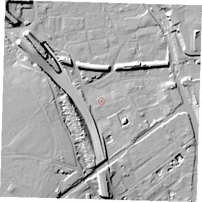 Shaded relief map of the ground around E95PA, computed from Environment Agency LiDAR. The ground here sits at about 6 m above sea level and falls 17 m across the surrounding 800 m. The ground contributing surface water to this point lies to the south-south-west.